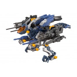 A plastic model kit of a blue and gray Zoid Gun Sniper with detailed armor and weapon attachments.